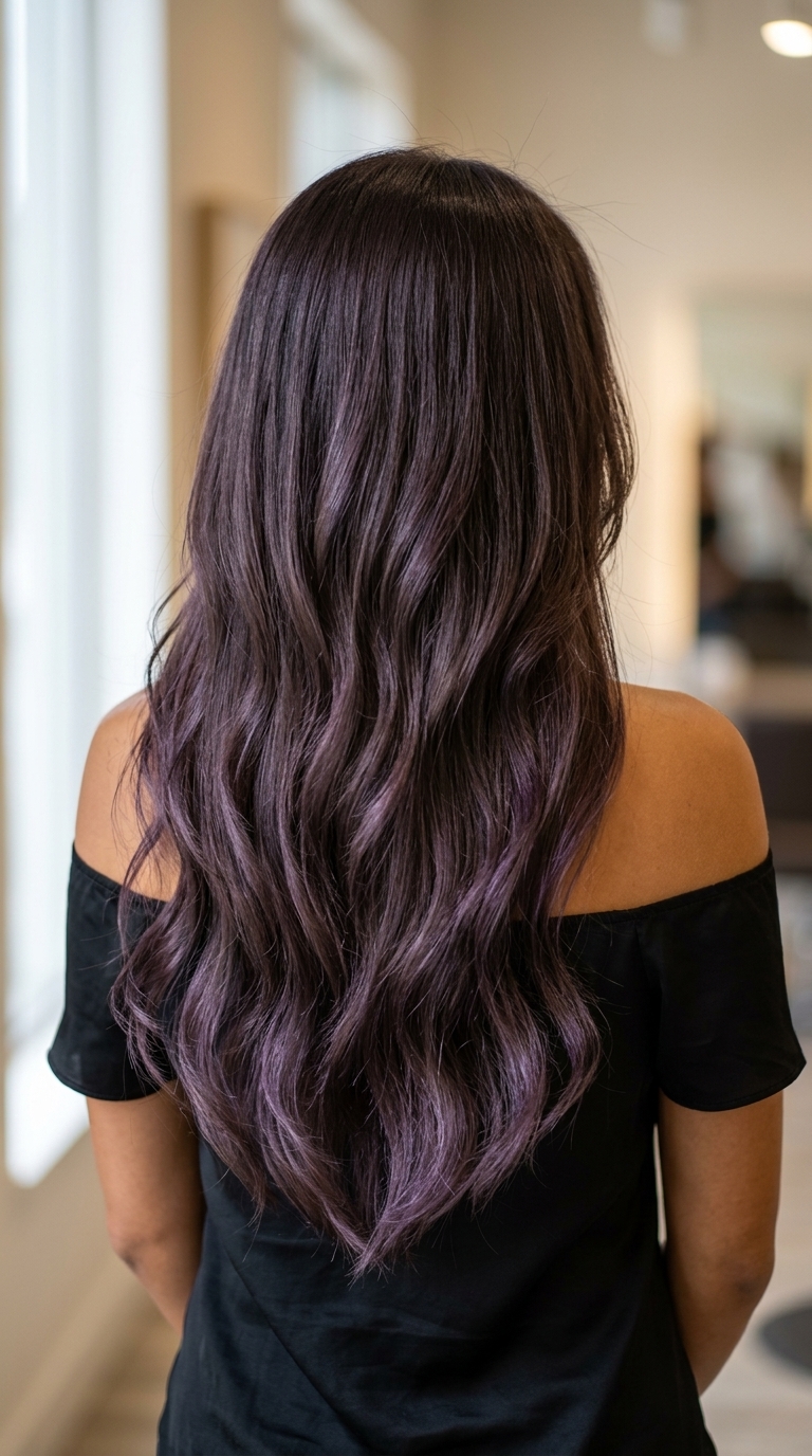 long violet-ash brunette haircut with cascading V-shaped layers and face-framing pieces for a formal event