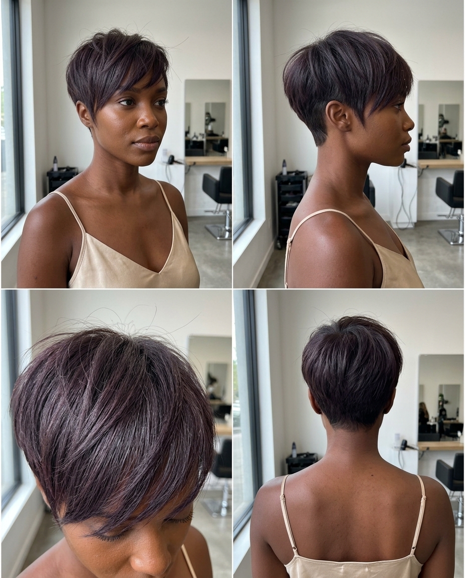 very short deep violet-ash brunette pixie with razored layers and side-swept fringe — playful edgy