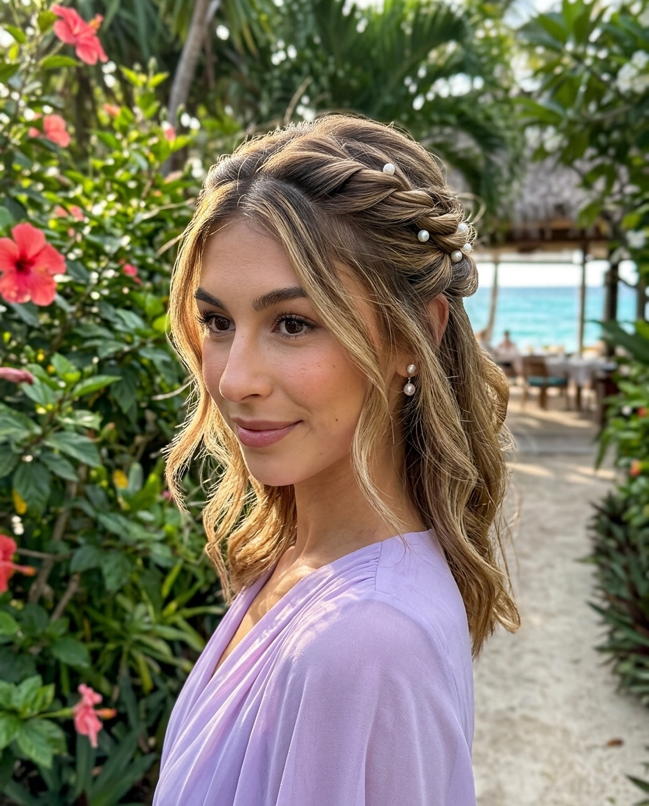 long warm blonde half-up twist with pearl pins for garden party