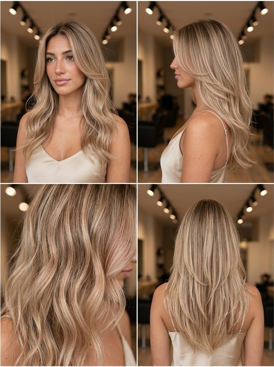 long layered wavy haircut in warm blonde with rose gold babylights and face-framing for summer