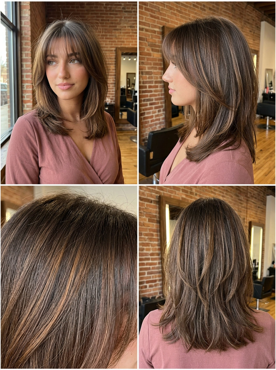shoulder-length warm brunette hush haircut with amber micro-lights and wispy bangs for summer