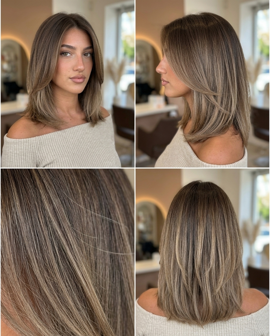 Warm Mushroom Ombré 2026: Romantic Glow long warm mushroom brown ombré with sandy truffle ends, balayage, no fringe — effortless romantic