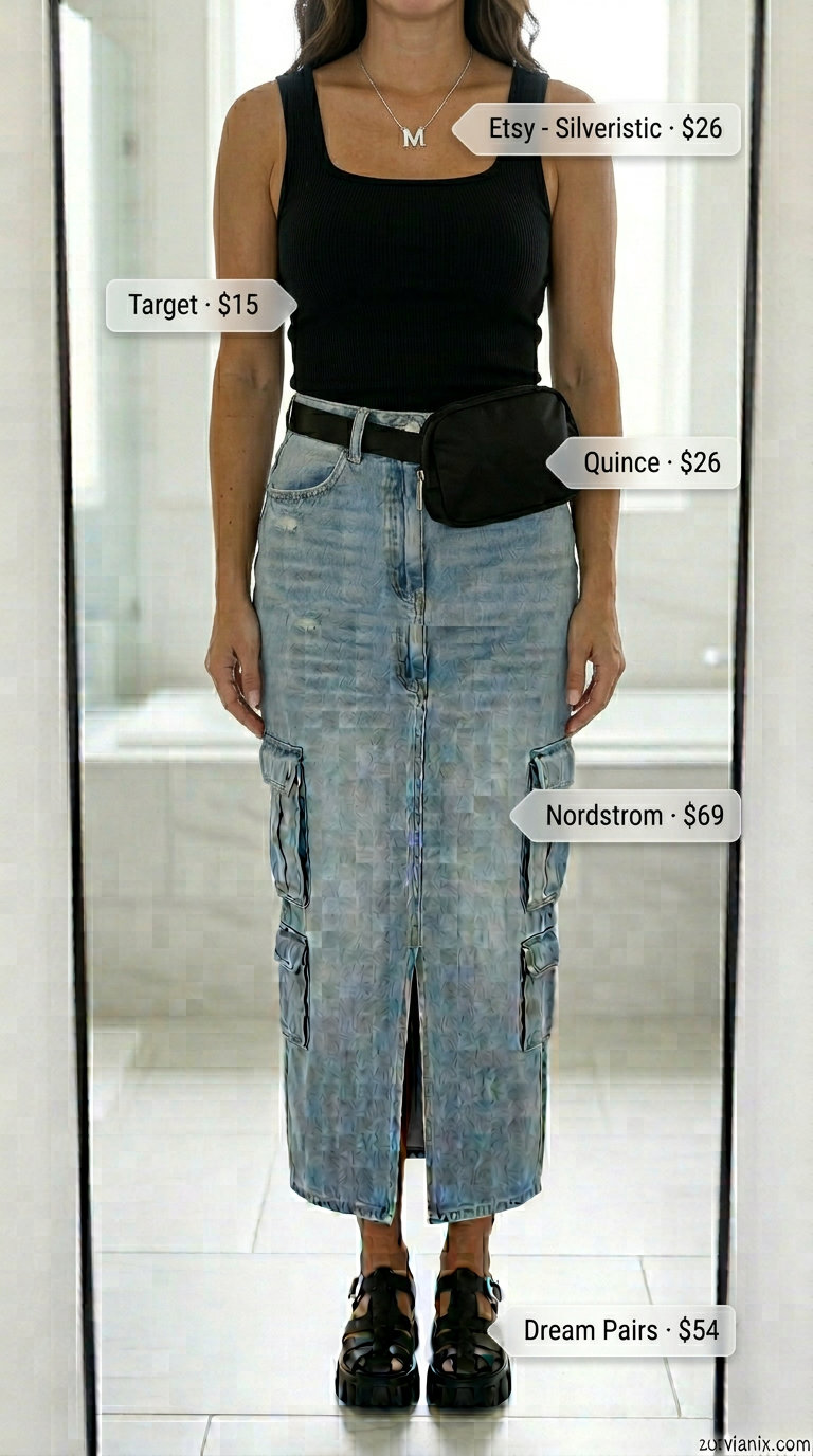 What to Wear with Denim Skirt Summer 2026: Cargo denim skirt, ribbed tank, and platform sandals for urban style.
