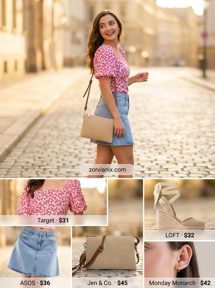 What to Wear with Denim Skirt Summer 2026: Light blue mini skirt, floral blouse, espadrilles for a sweet summer romance look.