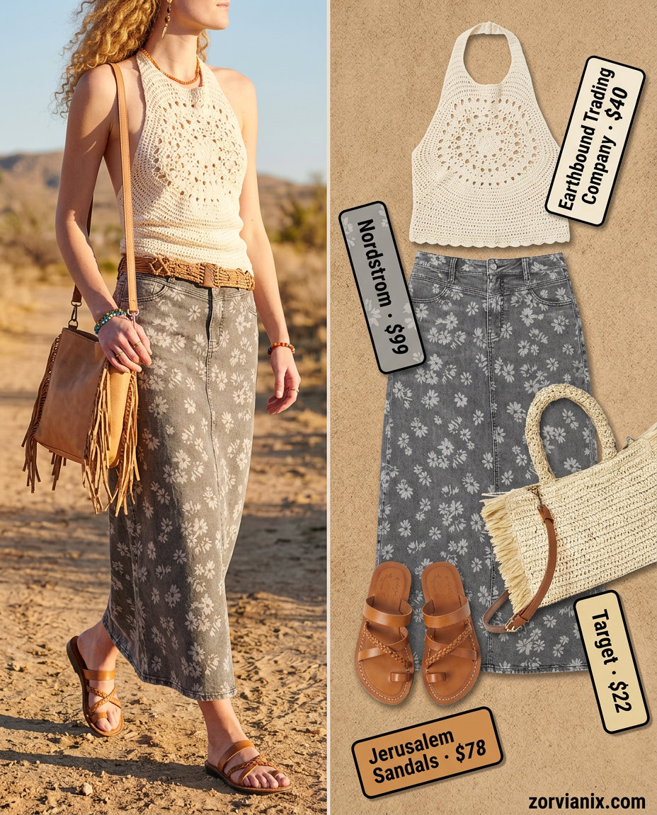 What to Wear with Denim Skirt Summer 2026: Floral maxi denim skirt, crochet top, and straw bag for a boho vibe.