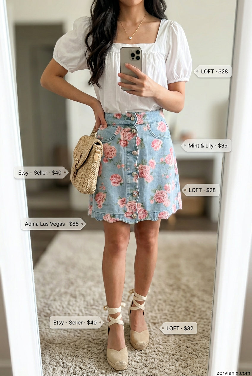 What to Wear with Denim Skirt Summer 2026: Floral denim mini skirt, puff-sleeve top, espadrilles for a sweet garden party look.