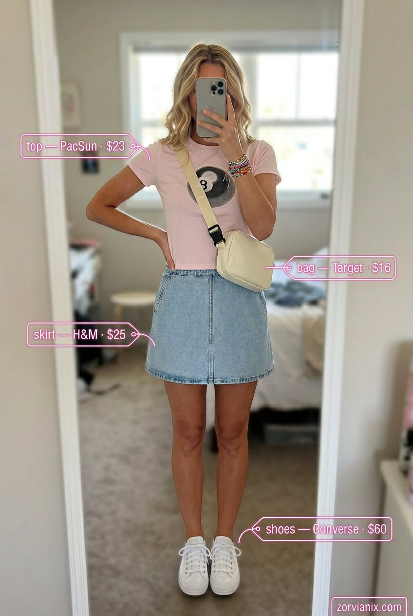 What to Wear with Denim Skirt Summer 2026: Light blue mini skirt, graphic tee, canvas sneakers for a playful, sweet look.
