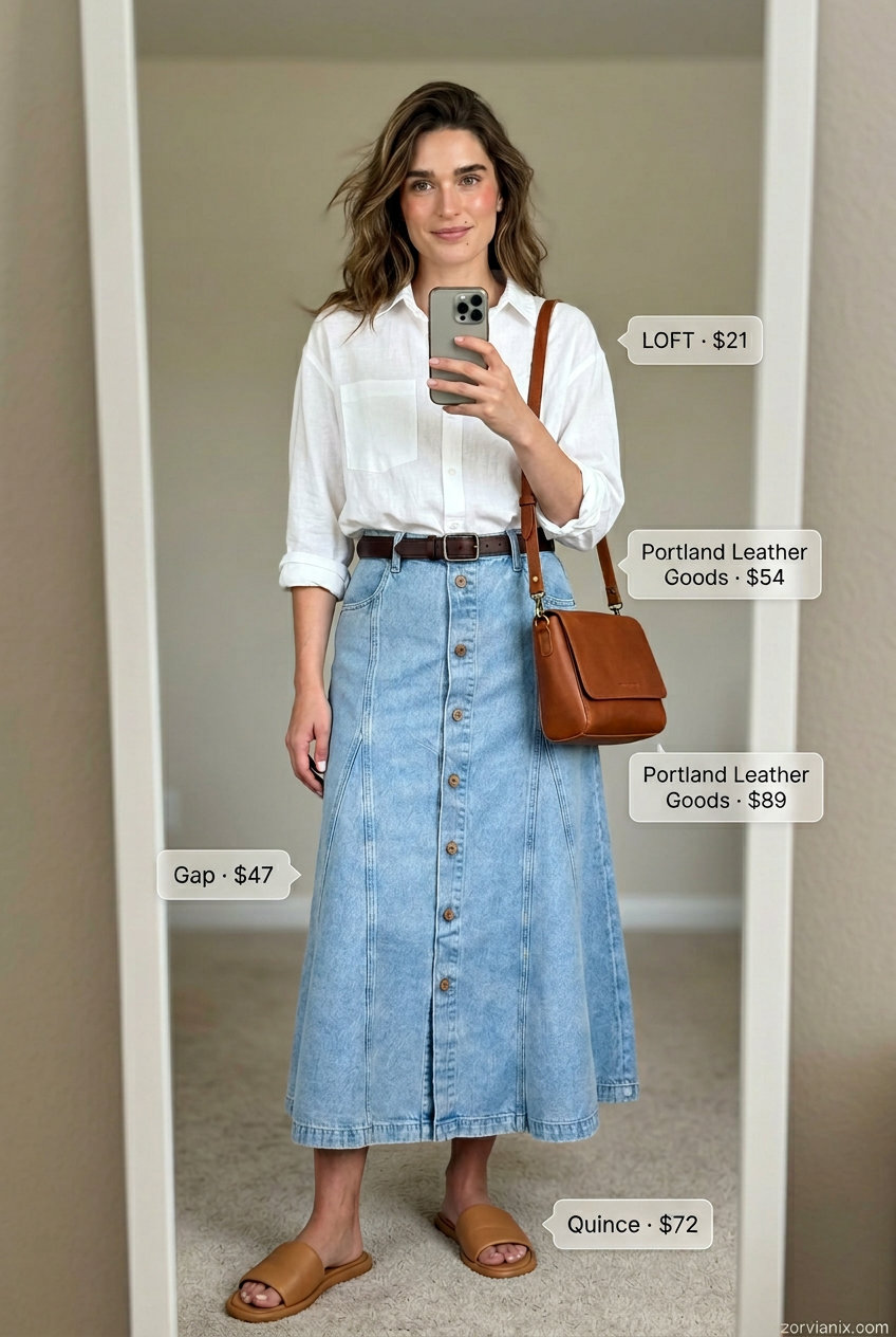 What to Wear with Denim Skirt Summer 2026: Light wash denim midi skirt, oversized linen shirt, leather sandals for chic casual style.