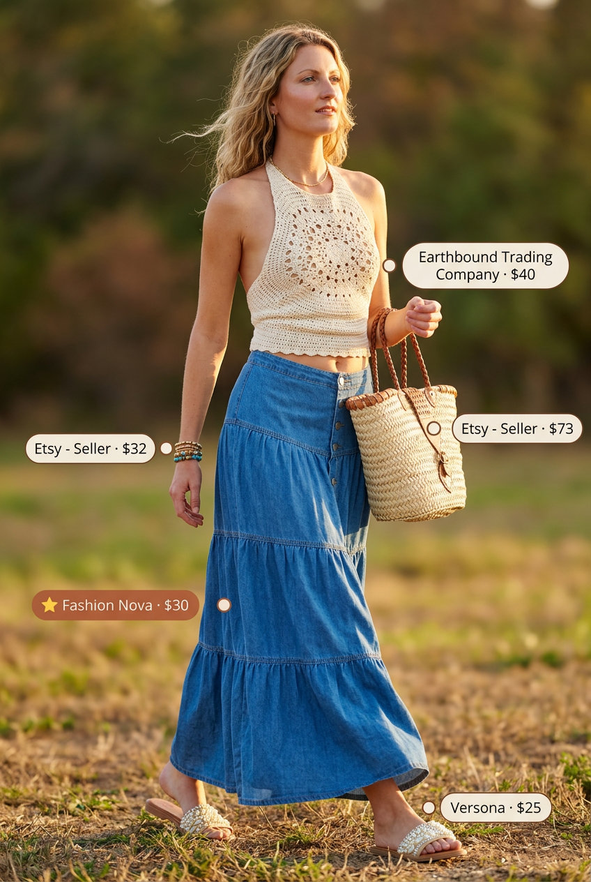 What to Wear with Denim Skirt Summer 2026: Flowy denim maxi skirt, crochet top, flat sandals for a boho beach look.