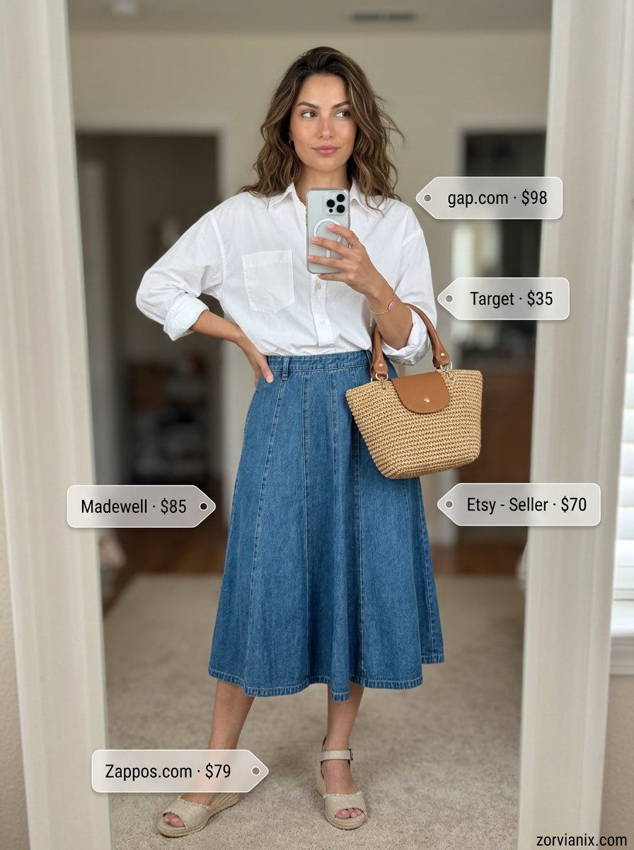 What to Wear with Denim Skirt Summer 2026: Midi denim skirt, oversized shirt, and espadrilles for coastal chic.