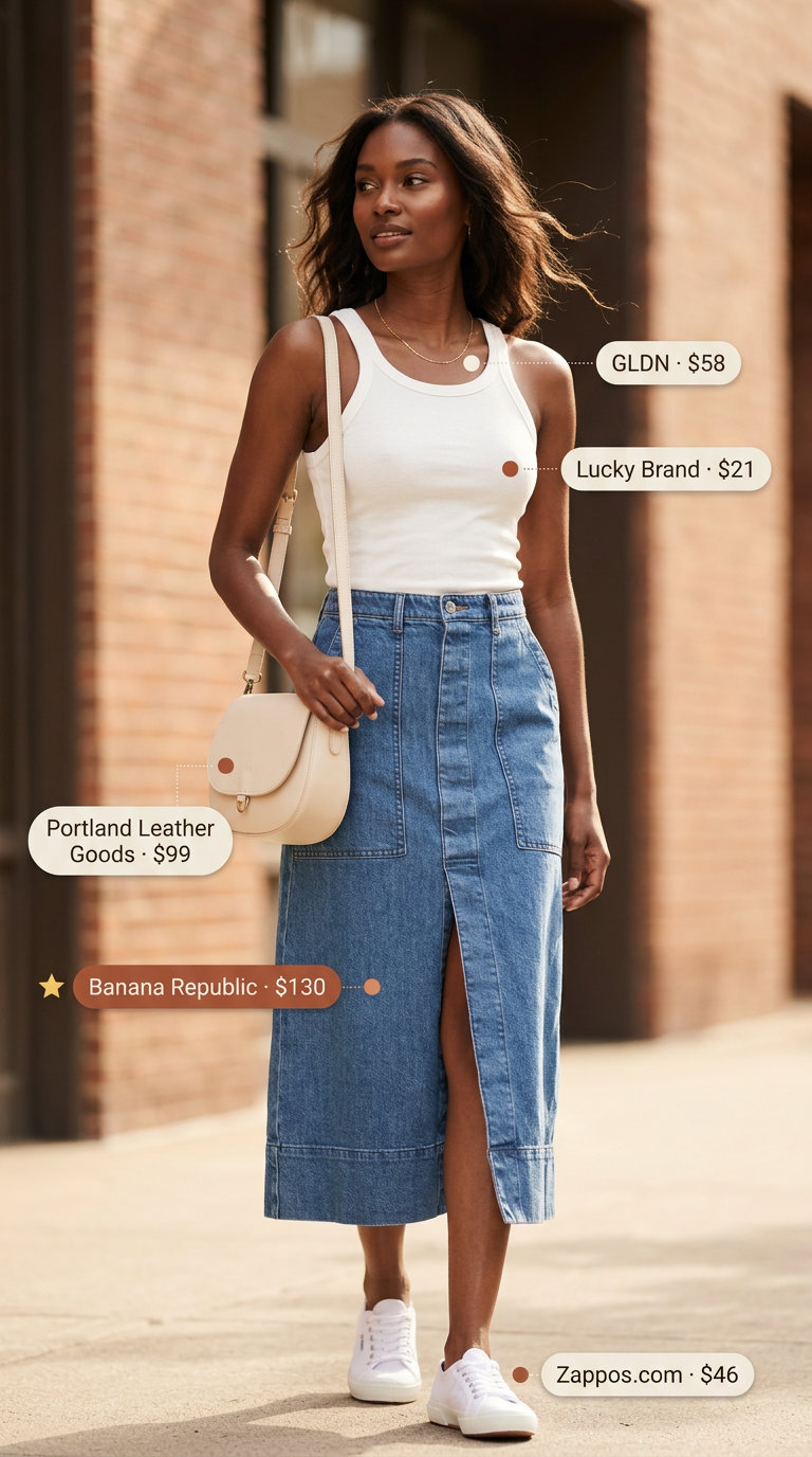 What to Wear with Denim Skirt Summer 2026: Light wash midi skirt, white tank, sneakers for a casual cool denim look.