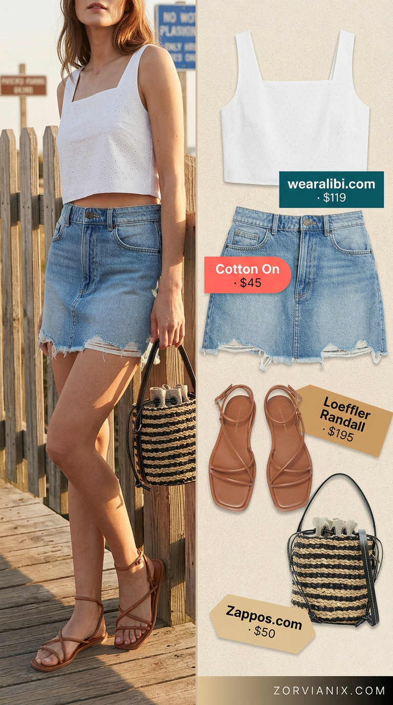 What to Wear with Denim Skirt Summer 2026: Mini denim skirt, eyelet top, and straw bag for a playful day out.