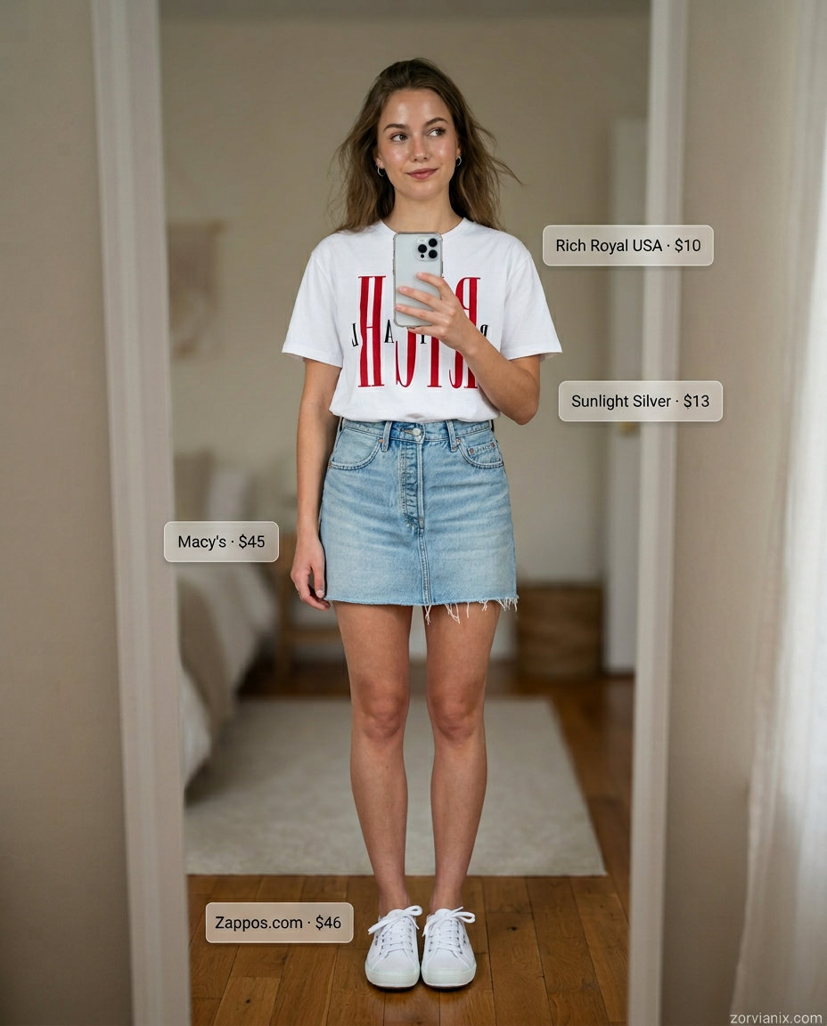 What to Wear with Denim Skirt Summer 2026: Mini denim skirt, graphic tee, and sneakers for a casual day out.