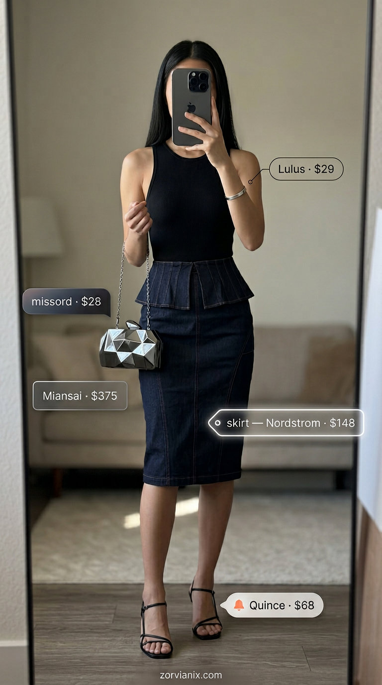 What to Wear with Denim Skirt Summer 2026: Dark indigo pencil skirt, black bodysuit, strappy heels for a minimalist evening look.