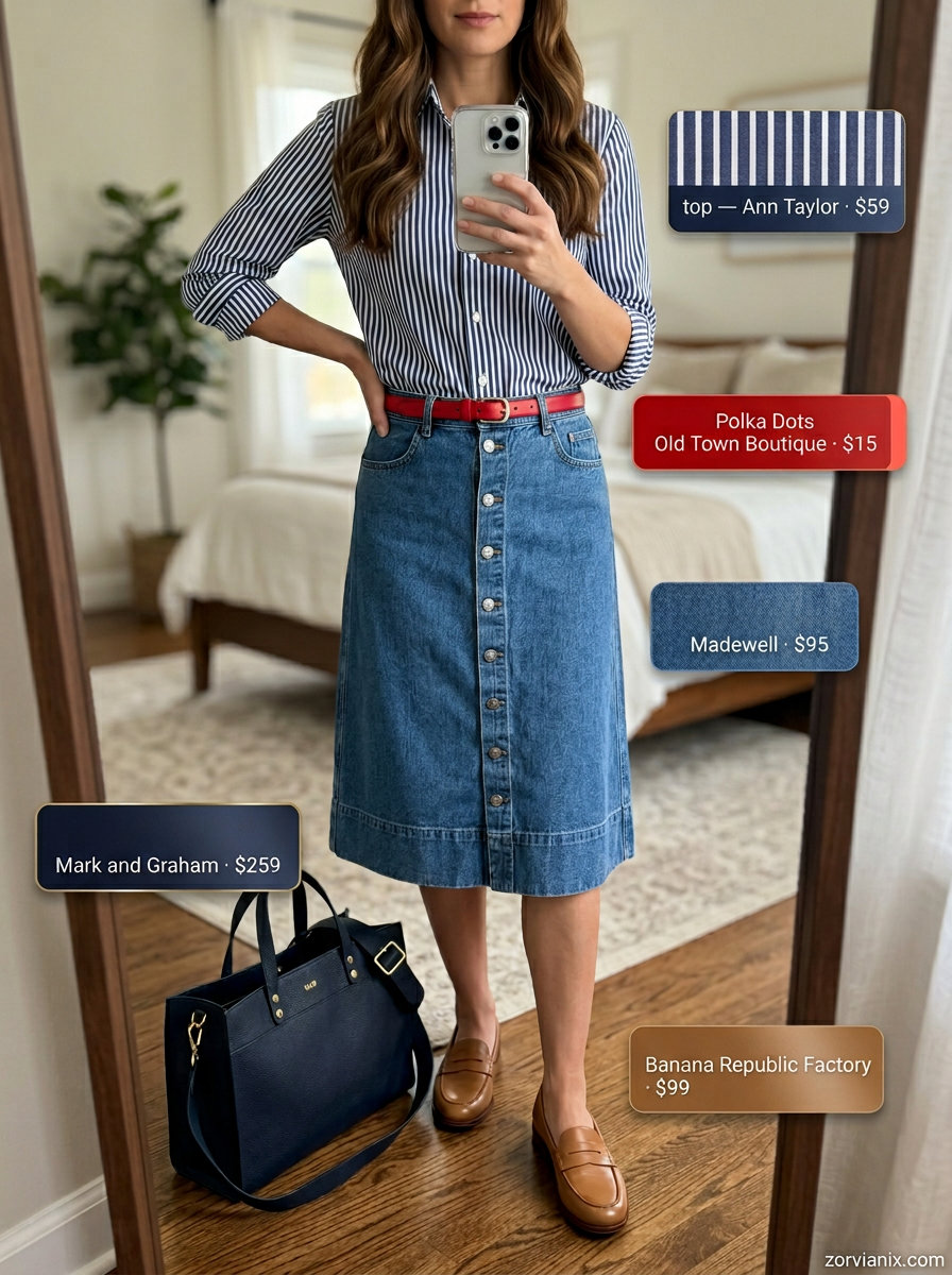 What to Wear with Denim Skirt Summer 2026: Tailored denim midi skirt, striped shirt, loafers for a preppy picnic look.