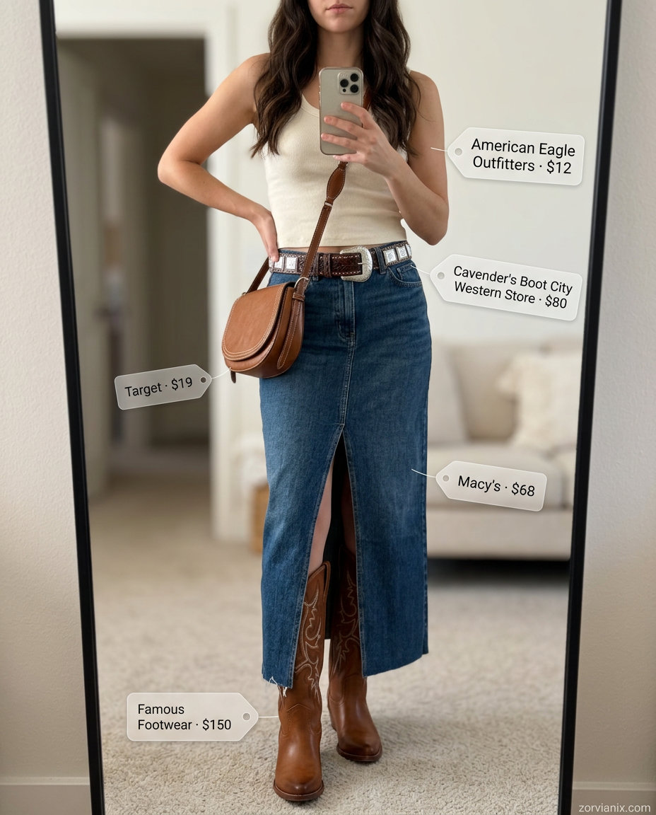 What to Wear with Denim Skirt Summer 2026: Dark wash maxi skirt, ribbed tank, cowboy boots for a retro edgy look.