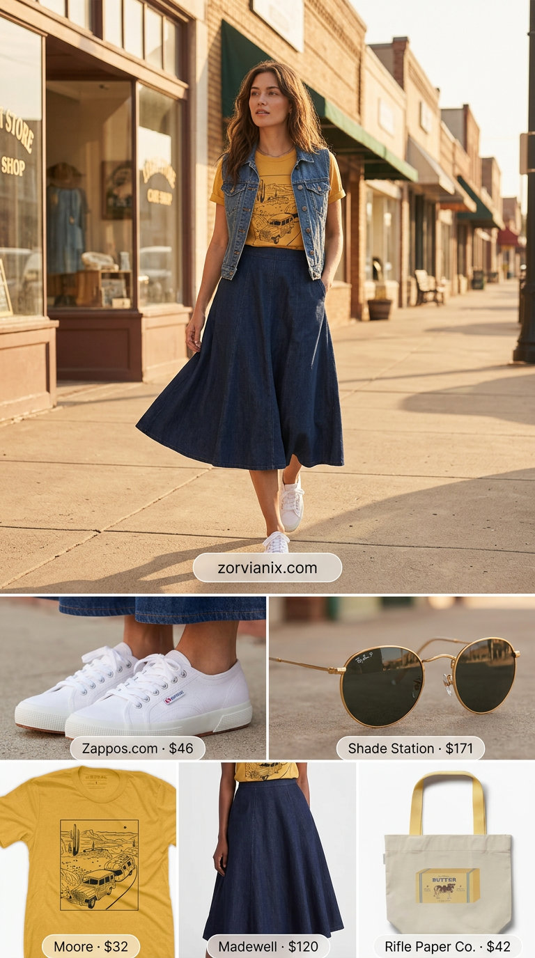 What to Wear with Denim Skirt Summer 2026: Retro Cool Vibes outfit with graphic tee, denim skirt, and sneakers.