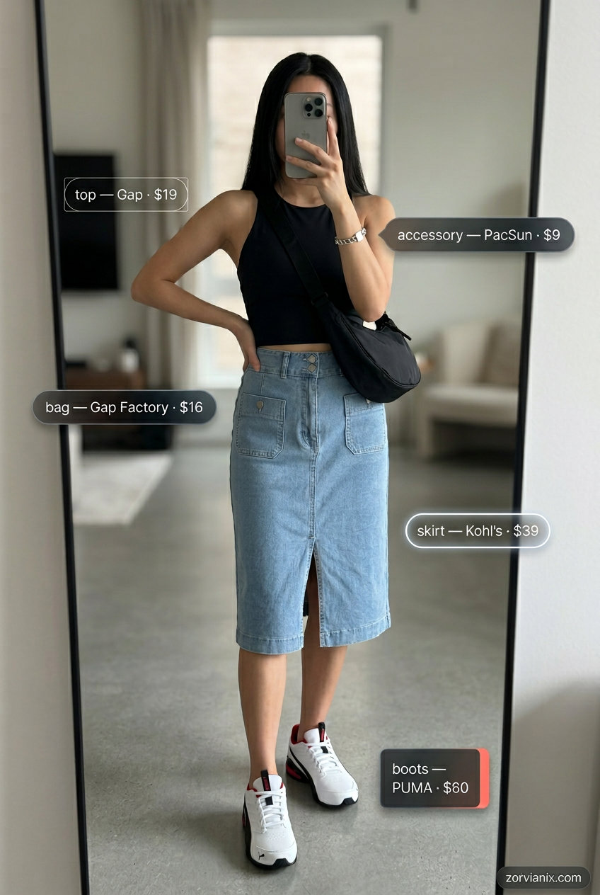 What to Wear with Denim Skirt Summer 2026: Sporty Chic Athleisure outfit with cargo skirt, crop top, and sneakers.