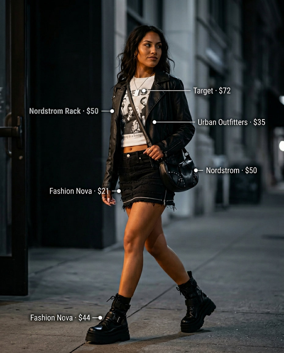 What to Wear with Denim Skirt Summer 2026: Edgy Urban Explorer outfit with moto jacket, graphic tee, and combat boots.