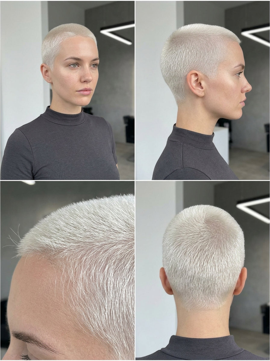 ultra-short platinum buzz haircut with uniform clipper fade and pure white color for summer