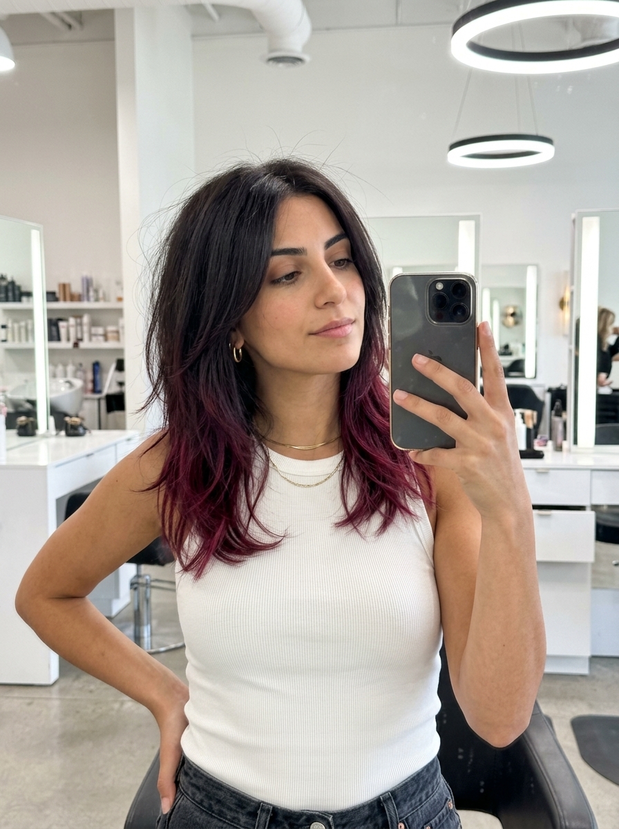 long choppy layered espresso brunette with wineberry ends, dip-dye technique for summer
