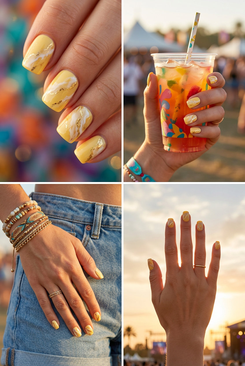 Butter Yellow Marble Nails 2026: Chic Sophisticated butter yellow abstract marble nails for daily wear and chic events. Style with yellow summer nails 2026.
