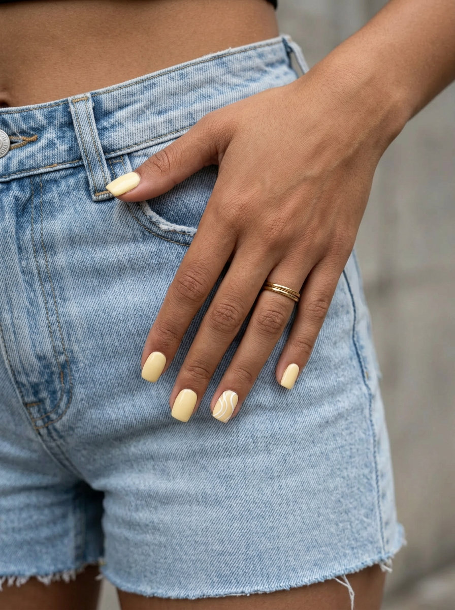 Butter Yellow Abstract Swirl Nails 2026 Creamy butter yellow square nails with white abstract art for daily wear. Yellow summer nails 2026.