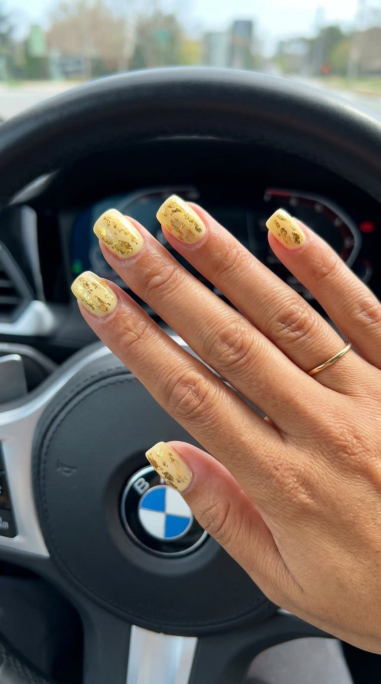 Butter Yellow Summer Nails 2026: Gold Foil Accents Creamy butter yellow summer nails 2026 with abstract gold foil accents for a bohemian, relaxed vibe.