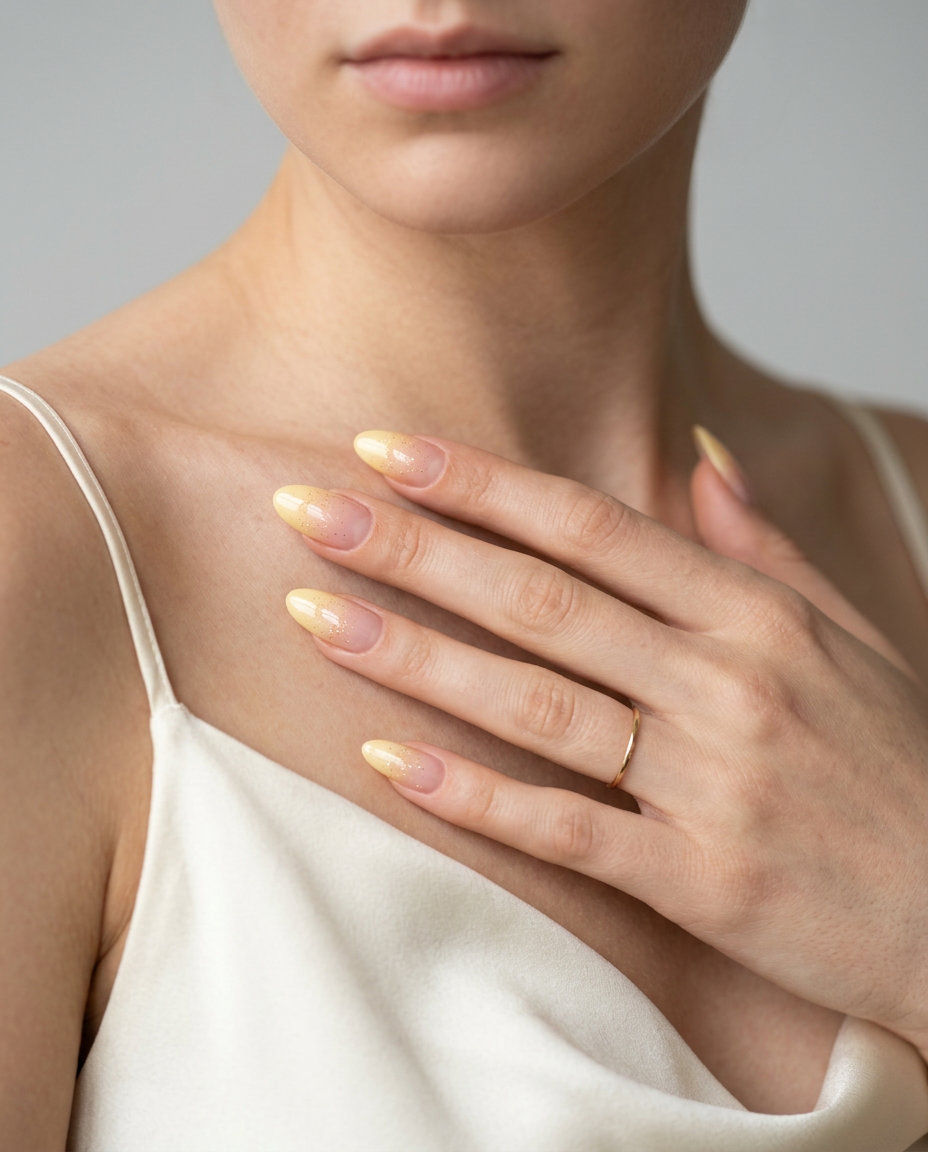 Butter Yellow Gold Glitter Ombre Nails 2026 Soft butter yellow ombre nails with gold glitter for wedding guest or summer vacation. Yellow summer nails 2026.