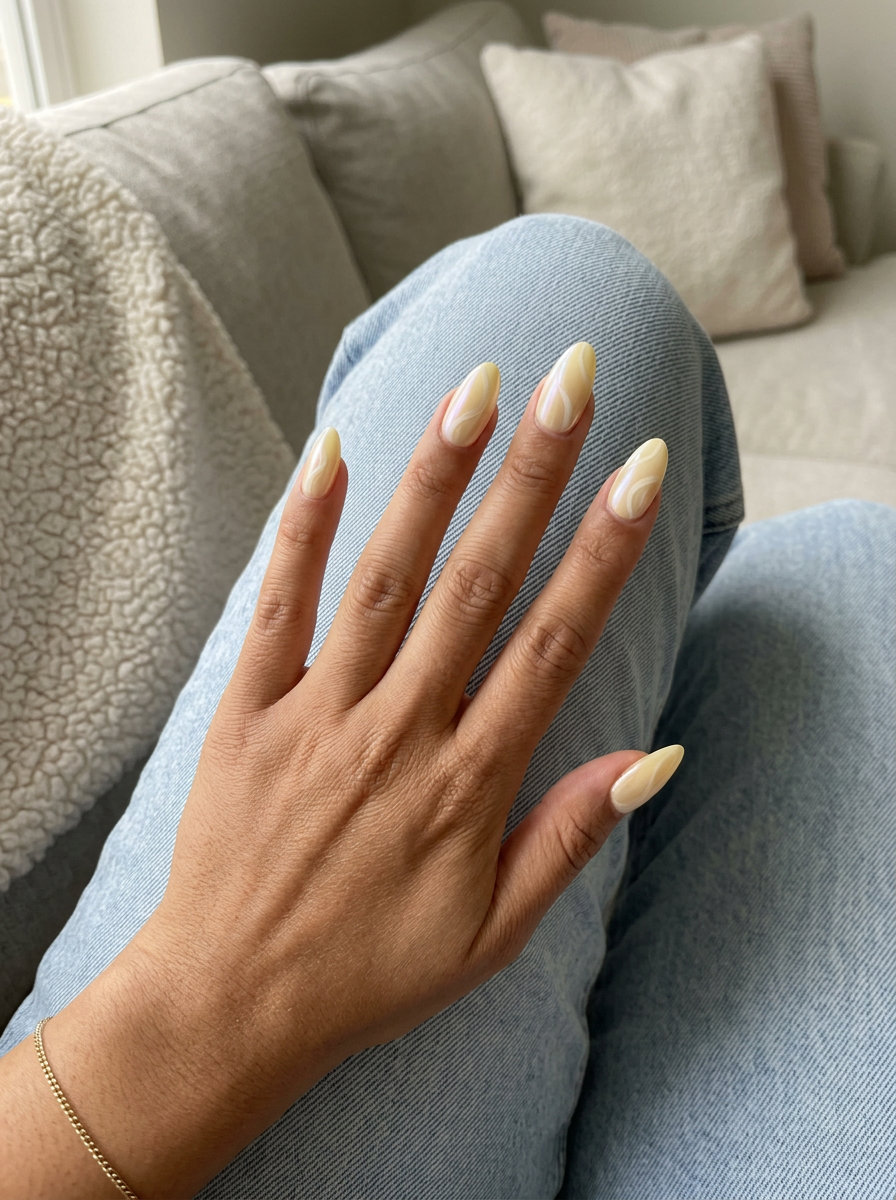Butter Yellow Summer Nails 2026: Pearlescent Swirls Soft butter yellow summer nails 2026 with pearlescent swirls for a dreamy, whimsical vacation look.