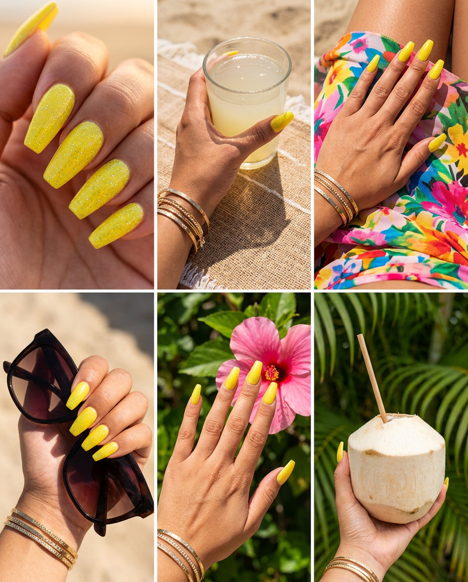 Disco Lemon Yellow Nails 2026: Party Glam Disco lemon yellow holographic glitter nails for a party or festival look. Get inspired by yellow summer nails 2026 trends.