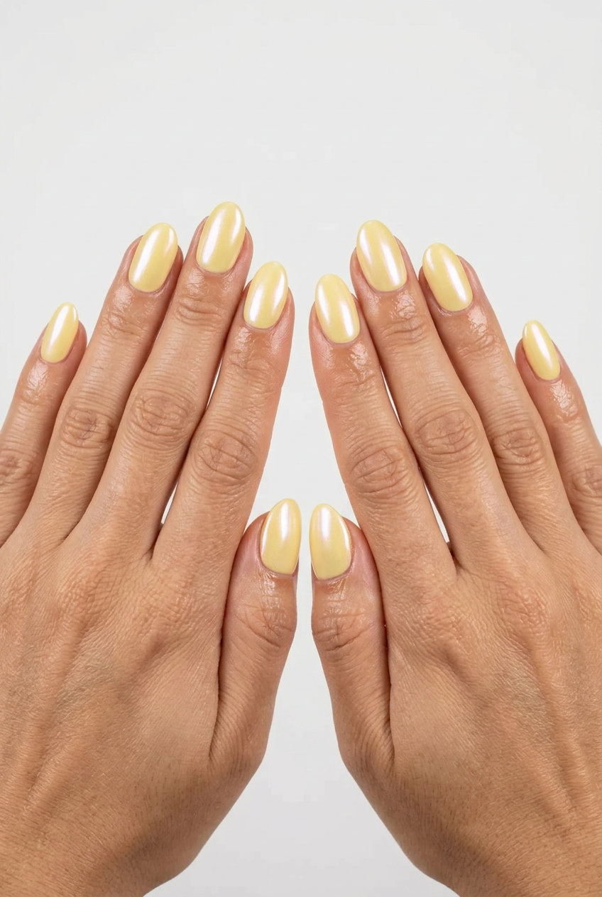 Glazed Pastel Yellow Nails 2026: Dreamy Dreamy glazed pastel yellow oval nails for spring events and casual wear. Get yellow summer nails 2026 ideas.