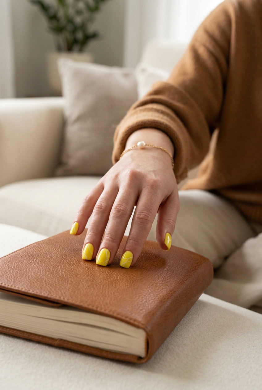 Lemon Yellow Summer Nails 2026: Abstract Lines Vibrant lemon yellow summer nails 2026 with abstract white lines for a modern, artistic vibe.