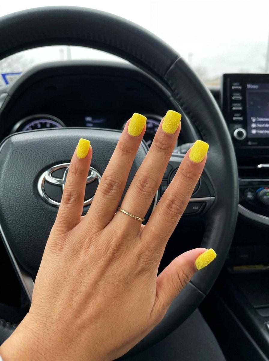Textured Lemon Curd Square Nails 2026 Textured lemon curd square nails for a whimsical summer festival or casual outing. Yellow summer nails 2026.
