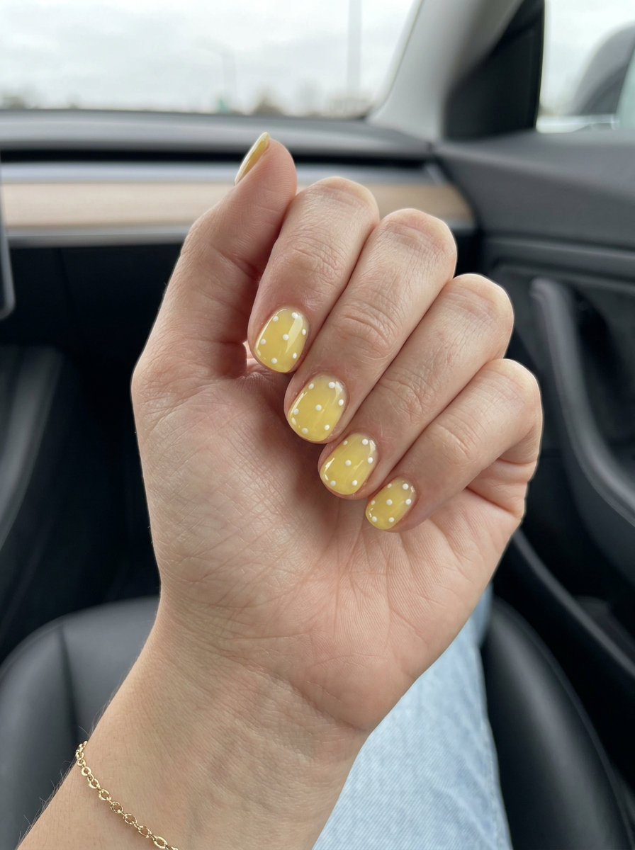 Lemon Yellow Summer Nails 2026: Sweet Dot Design Sheer lemon yellow summer nails 2026 with opaque white dots for a sweet, playful look. Perfect for casual daily wear.