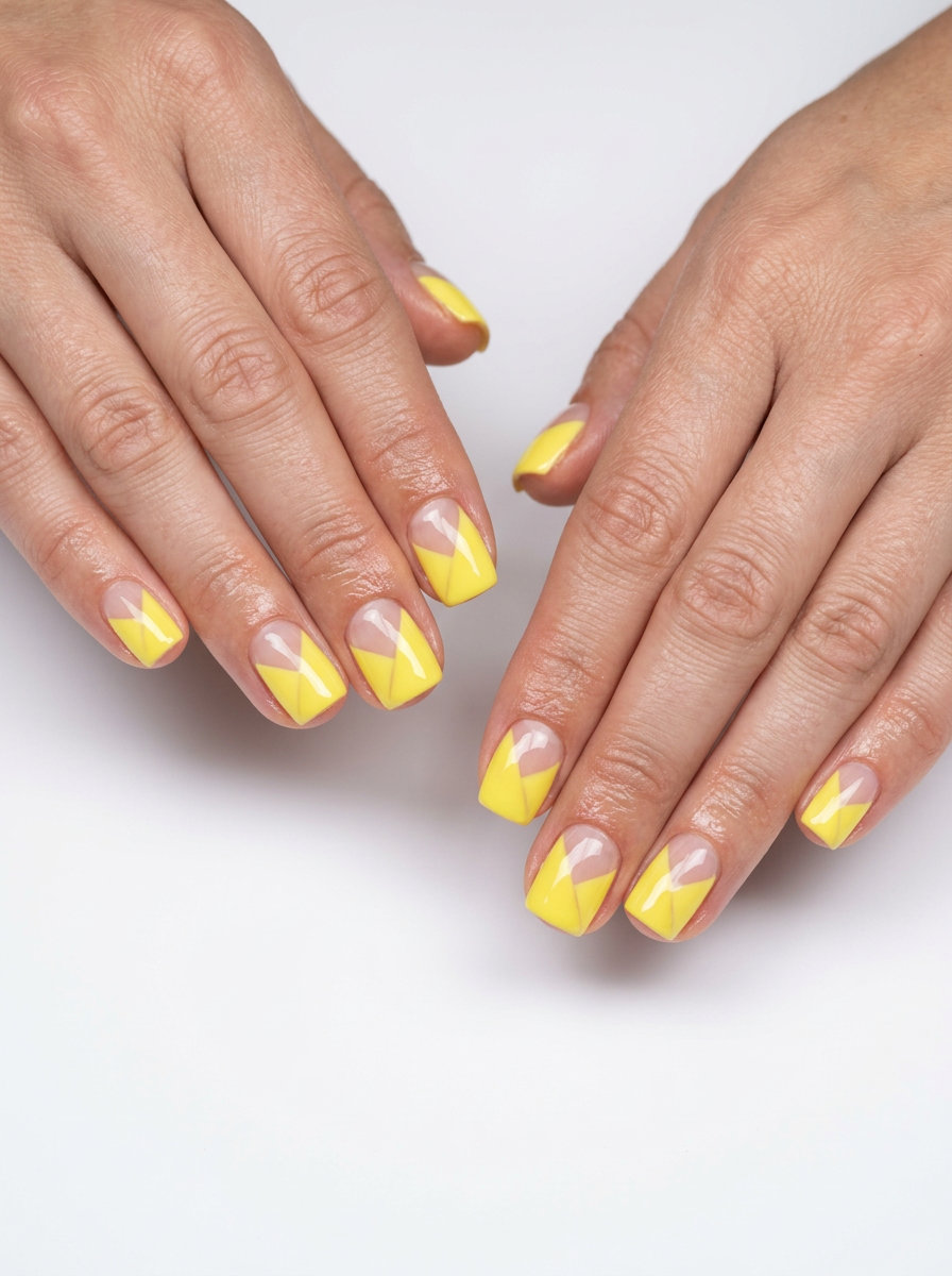 Lemon Yellow Summer Nails 2026: Geometric Chic Bright lemon yellow geometric summer nails 2026 with negative space for a minimalist, chic look.