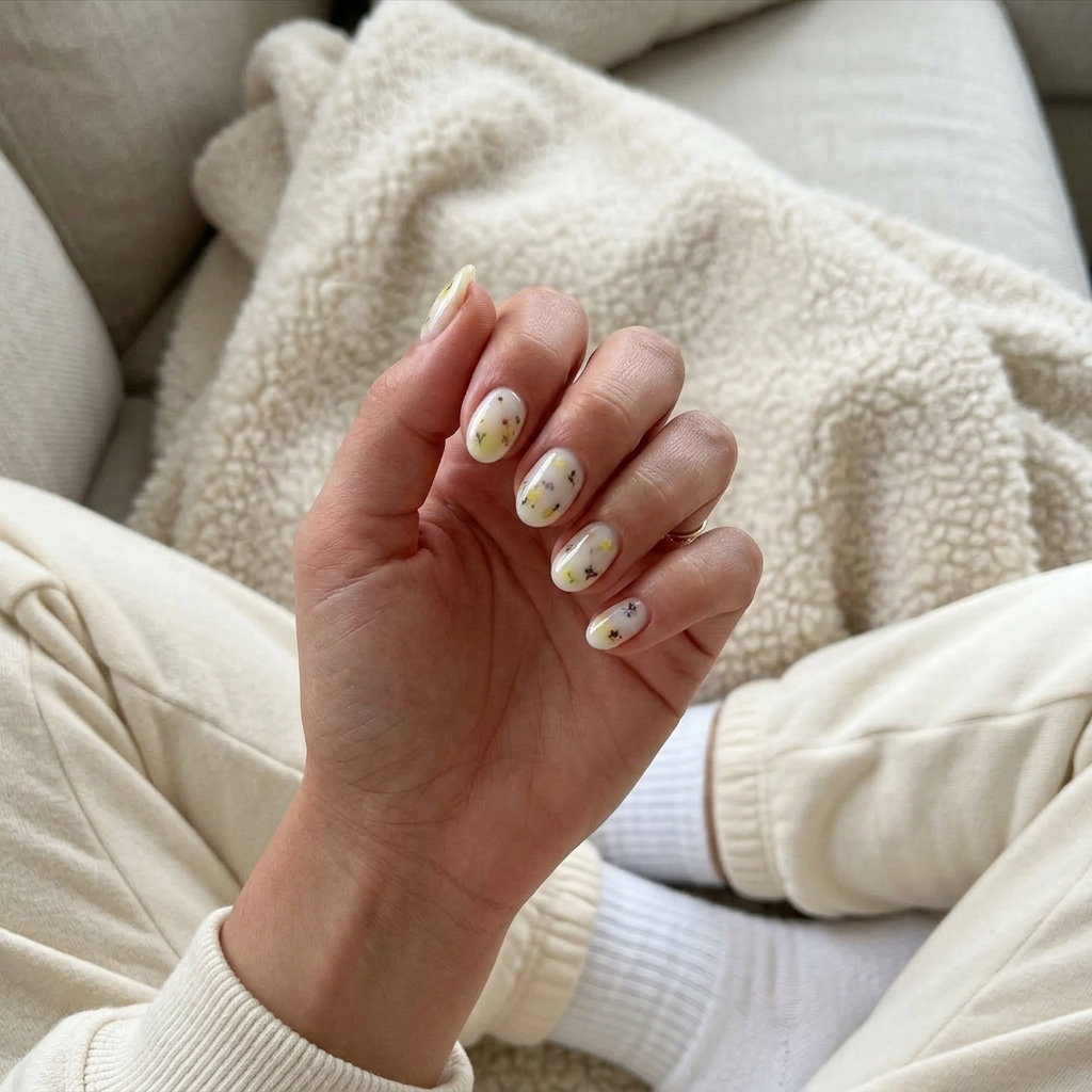 Lemon Yellow Milk Bath Floral Nails 2026 Lemon yellow milk bath nails with floral accents for bridal shower or summer event. Yellow summer nails 2026.