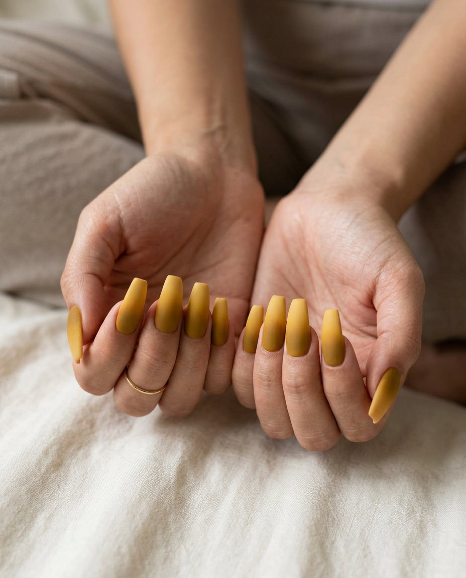 Mustard Matte Gradient Coffin Nails 2026 Mustard matte gradient coffin nails for evening events or fall transition. Yellow summer nails 2026.