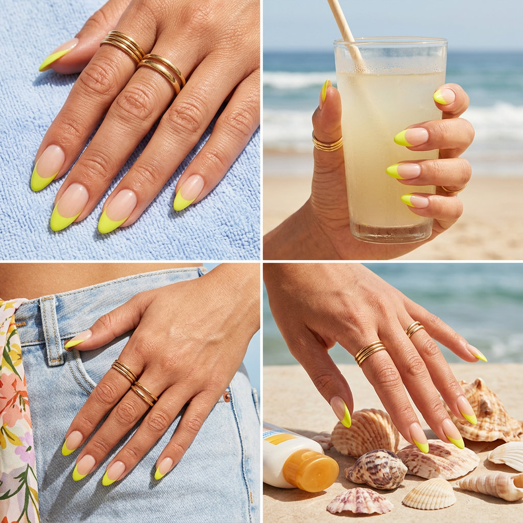 Neon Yellow Summer Nails 2026: Reverse French Neon yellow reverse French summer nails 2026 on almond tips for an edgy, playful date night look.