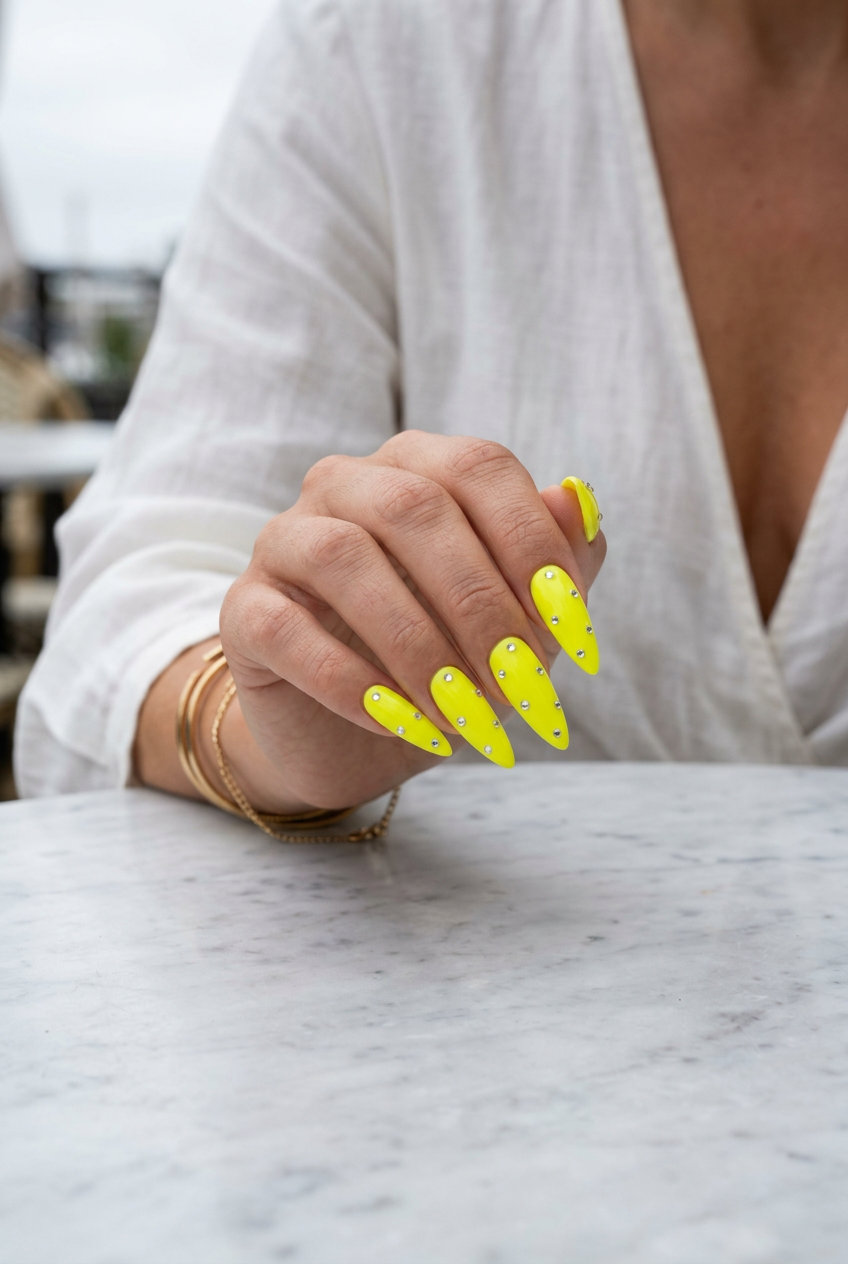 Neon Yellow Summer Nails 2026: Rhinestone Sparkle Bright neon yellow summer nails 2026 with scattered clear rhinestones for a glamorous party look.