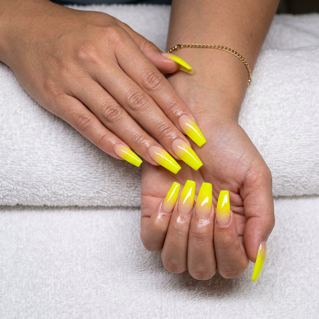 Airbrushed neon yellow summer nails 2026 with a sunset gradient for a glamorous, bold festival look.