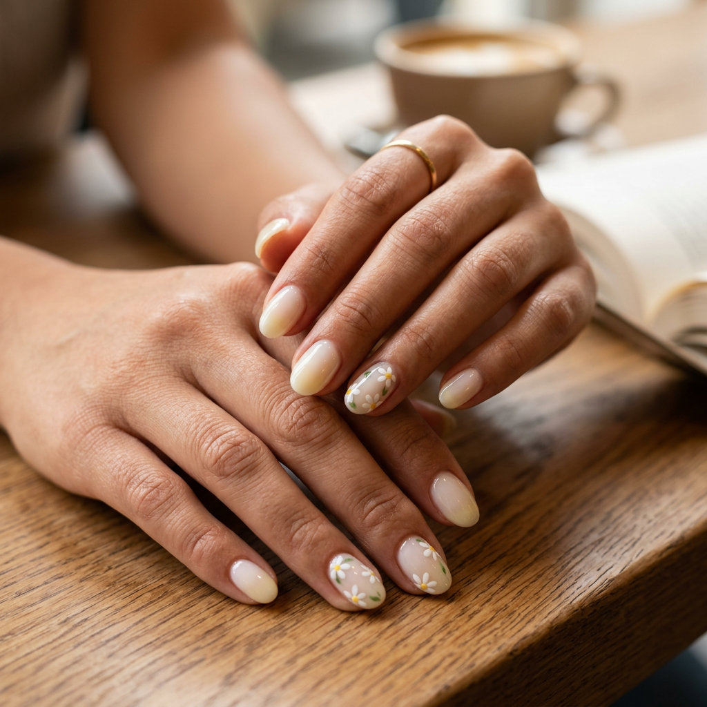 Pale Yellow Summer Nails 2026: Milk Bath Daisies Pale yellow milk bath summer nails 2026 with delicate daisies for a romantic wedding guest look.