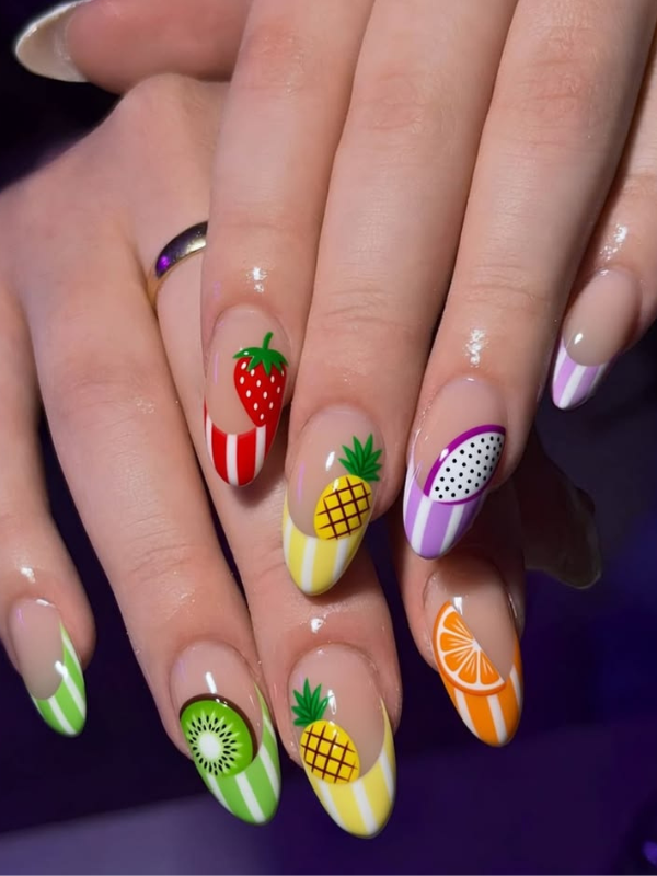 Medium Almond Clear French Tips with Mixed Fruit — pineapple nail designs 2027