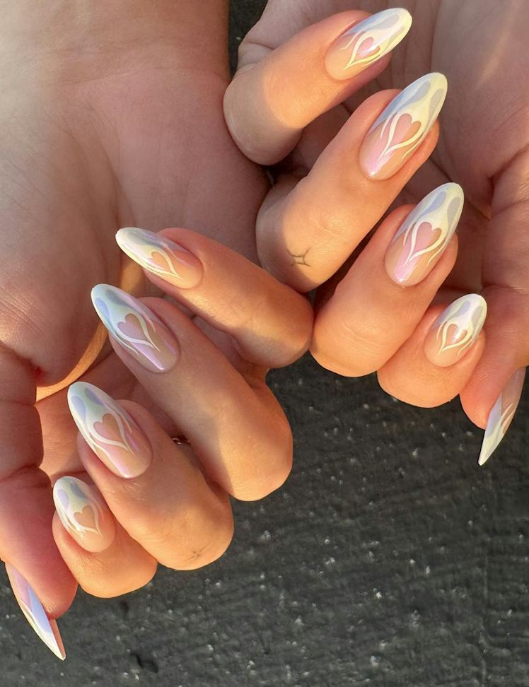 Iridescent Flame and Heart Almonds Iridescent Flame and Heart Almonds — Short almond nails 2027