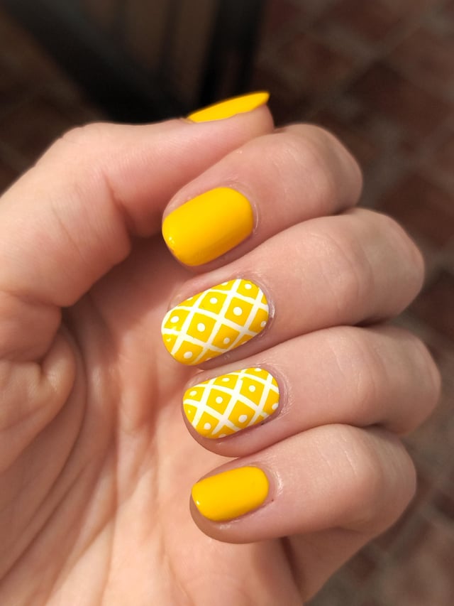 Solid Bright Yellow with White Geometric Accents — pineapple nail designs 2027