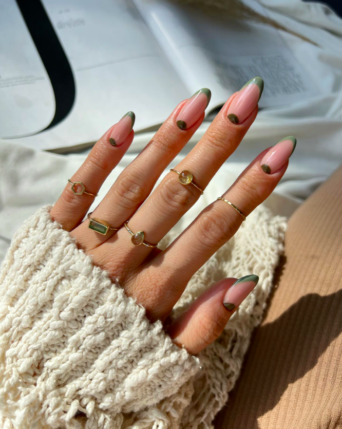 Olive Green French with Gold Dot Accents Olive Green French with Gold Dot Accents — Short almond nails 2027