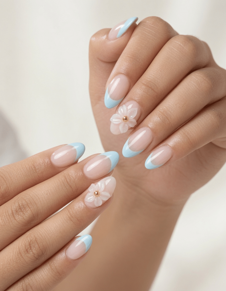 3D Floral Light Blue Tip Almonds 3D Floral Light Blue Tip Almonds — Short almond nails 2027