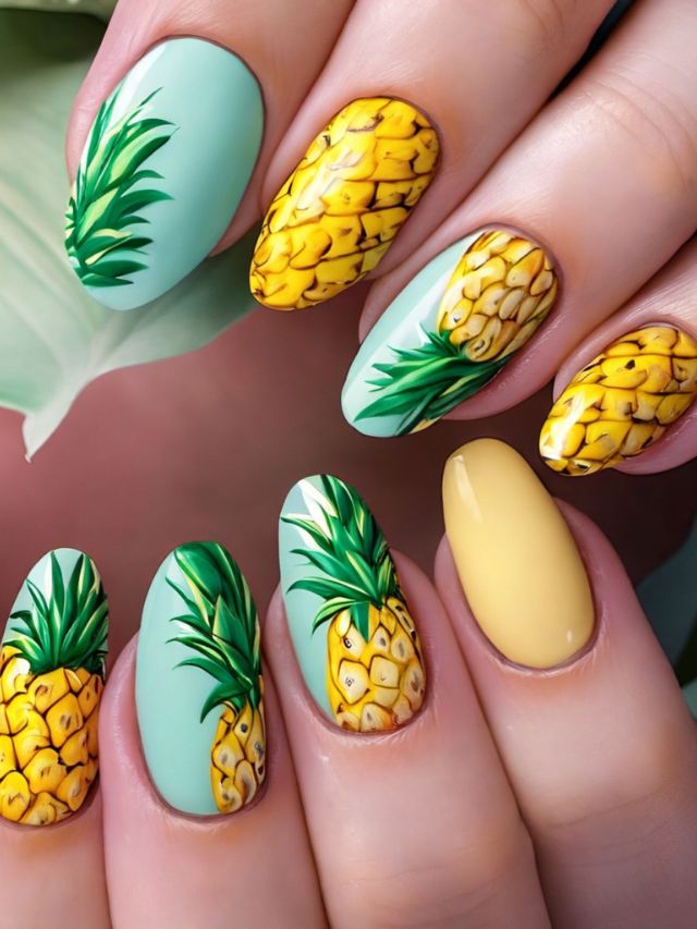 Aqua Base with Detailed Pineapple and Palm Leaves — pineapple nail designs 2027