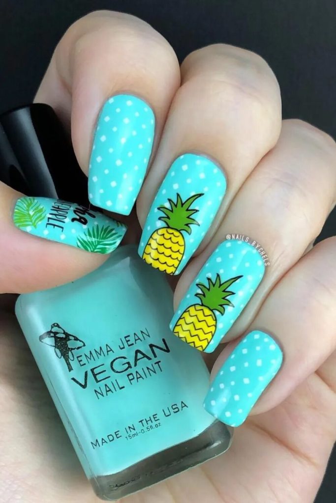 Turquoise Polka Dots with Pineapple and Palm Leaf — pineapple nail designs 2027
