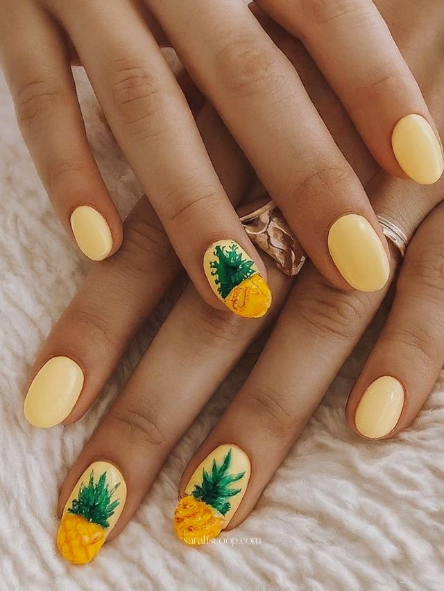 Pale Yellow with Detailed Pineapple and Leaves — pineapple nail designs 2027